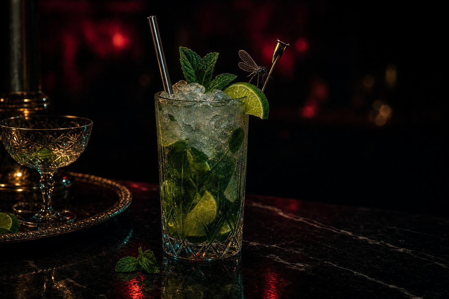 A signature MojitoSquito cocktail glowing red and green